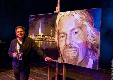 Richard Branson live painted by celebrity portrait master Peter Engels. Art auction for Virgin Unite on 20 June. www.peterengels.eu